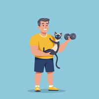Man Lifting Dumbbell with Cat Exercise Fun and Comical Fitness vector