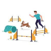 Rabbit Agility Training with Man Jumping Over Hurdles Together vector