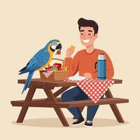 Man Enjoying Picnic with Parrot Eating Fruits From Basket vector
