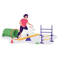 Rabbit Training with Owner Doing Agility Course Cartoon Illustration vector