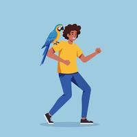 Man Walking with Parrot on Shoulder in Simple Cartoon Style vector