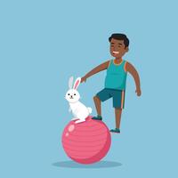 Man and Rabbit Balancing on Fitness Ball for Exercise Concept vector