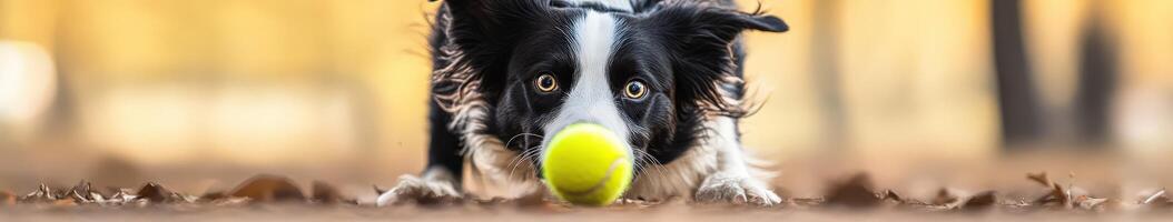 Dog plays with tennis ball in autumn park setting photo