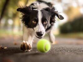 Dog playing fetch with a tennis ball in the park photo