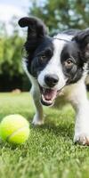 Playful dog enjoys fetching a bright green ball in park photo