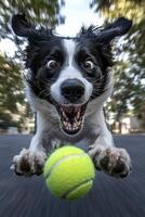 Happy dog jumps for a tennis ball in the park photo