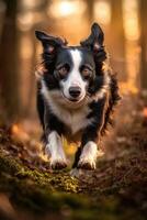 Border collie running through a forest at sunset photo