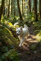 White dog running through a lush forest trail photo