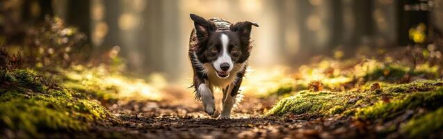 Playful dog explores a forest path in golden light photo