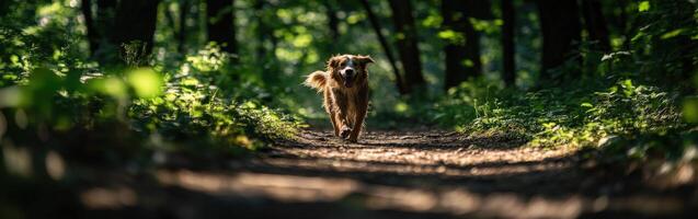 Dog happily running through a sunlit forest path photo