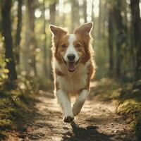 Dog runs joyfully through the forest path in sunlight photo