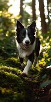 Joyful dog running through a sunlit forest path photo