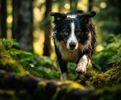 A dog running through the woods photo