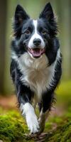 A black and white dog running through the woods photo