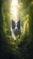 A dog running through a forest with sunlight shining through the trees photo