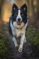 Happy border collie runs along a forest path photo
