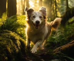 A dog running through the woods at sunset photo