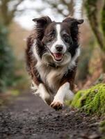 A dog running on a path in the woods photo