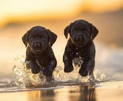 Two black labrador puppies running through the water photo