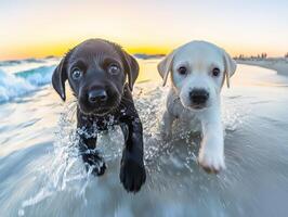 Two black and white puppies running in the water at sunset photo