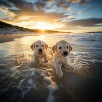 Two golden labrador puppies running in the ocean at sunset photo