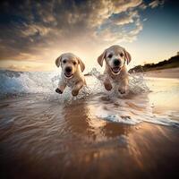 Two puppies running in the ocean at sunset photo