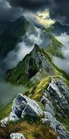 A mountain range with clouds and grass photo