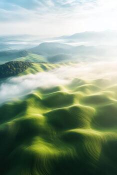 A green landscape with clouds and fog photo