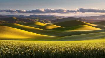 A beautiful landscape with green hills and yellow flowers photo