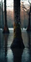 A tree trunk in the water with moss growing on it photo