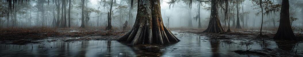 A swamp with trees and water in the fog photo