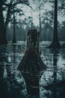 A tree stump in the middle of a swamp photo