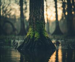 A tree trunk in the swamp with moss growing on it photo