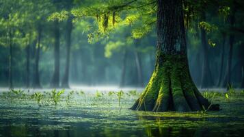 A swamp with trees and water in the middle photo
