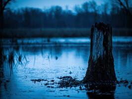A tree stump in the middle of a flooded field photo