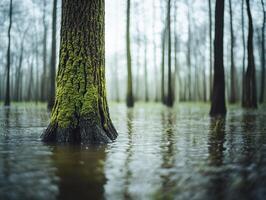 A tree trunk in a flooded forest photo
