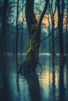 A tree in the middle of a flooded forest photo