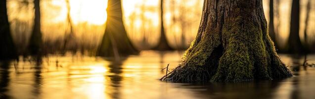 A tree trunk in the water at sunset photo