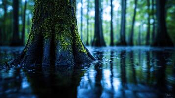Mystical cypress trees reflecting in still water at dusk photo