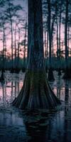 A tree with roots in the middle of a swamp photo