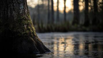 Mossy tree trunk near still water at sunrise photo