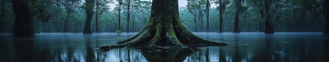 Moss-covered tree roots reflected in calm water photo