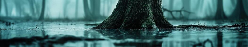 Tall tree trunk rises from misty water in wetland photo