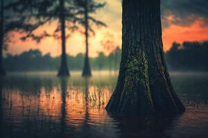 Misty lake at sunset with trees reflecting on the water photo