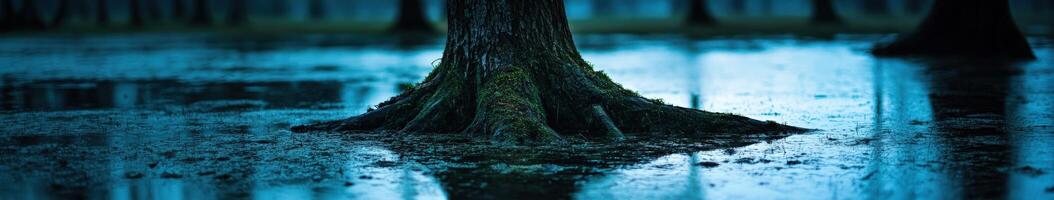 Moss-covered tree trunk in serene water reflection photo