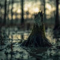 Stump surrounded by water at twilight in a wetland photo