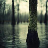 Moss-covered tree trunk in a serene wetland setting photo