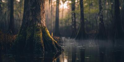Tree roots emerge from calm water in a misty swamp photo