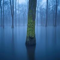 Moss-covered tree in calm water during foggy morning photo