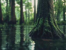 Moss-covered tree trunk in a serene forest wetland photo